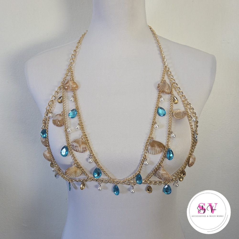 Gold Body Chain With Shell And Turquoise Decor
